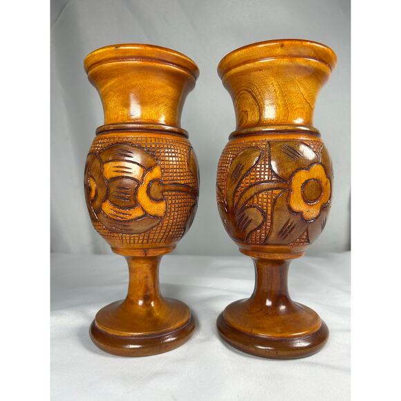 VTG Mid Century Hand Turned Carved Wood Hawaiian Tiki Folk Art 2 Vase’s set - Picture 1 of 7